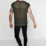 Hollowout Green Knit Shirt Mesh Vest Man Transparent Sexy Sleeveless Top Tees Men's Tank Tops See Through Clothing Streetwear