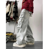 Light Blue Cargo Jeans Men's Patchwork Straight Casual Trousers Men Muti-pockets Hip Hop Streetwear Loose Fashion Pants