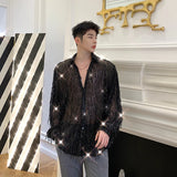 Spring Summer Irregular Sequin Tassel Shirt Streetwear Fashion Long Sleeve Shirts Men's Transparent Nightclub Tops Black/Apricot