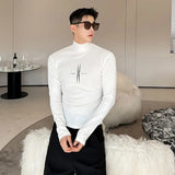 Mock Neck Men's T-shirts Casual Printing Slim Long Sleeve Male Tees Contrast Color Niche Design Spring New