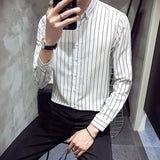 Trend Men's Clothing Summer Thin Long Sleeve Polo-Neck Single-breasted Striped Printed Business Casual Simplicity Commute Shirts