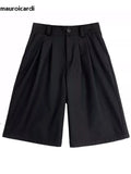 Spring Summer Loose Casual Soft Black Pleated Shorts for Men Mens with High Waist Short Straight Pants Clothes