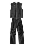 Cargo Pants Sets Vest Hooded Summer 2 Piece Outfit Japanese Sleeveless Suit Male Korean Streetwear Hip Hop Plus Size 5XL