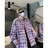 Men Shirt Plaid Tie-dye Long Sleeve Mens Casual Loose Shirt Autumn High Quality Oversized Male Checked Shirt Red/Blue/Gray