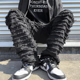 Spring New White Striped Tassel Straight Jeans Men Y2k Street Ripped Hip-hop Loose Casual Denim Trousers