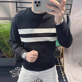 Men's Clothing Trendy Striped Simple Casual All Match Sweatshirt Y2K Autumn Round Neck Long Sleeve Loose Cotton Pullover Hoodie