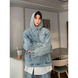 Japanese Vintage Men Denim Hooded Jacket Sweatshirts Streetwear Casual Y2k Tops Loose Washed Hoodies Harajuku Pullovers