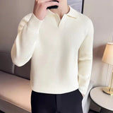 Vintage Turn-down Collar Sweater Men Autumn Winter New Casual Knit Clothing Long Sleeve Stretch Black Jumpers sueter navidad