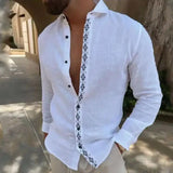 Spring Summer Men Long Sleeve Cotton Linen Shirt Fashion Print Button Turn-down Collar Top Mens Casual Office Streetwear Clothes