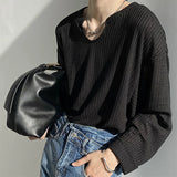 Men's Retro Loose Lazy Stylish Long Sleeve T-Shirt Casual O Neck Solid Exposed Clavicle Tops Breathable Basic Shirt New