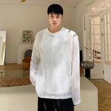 Niche Design Men's Perspective T-shirt Personality Mesh Round Neck Long Sleeve Fashion Leather Spliced Casual Male Tops