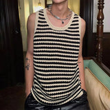 Striped Knitted Summer Tanks Tops Men's O-Neck Korean Knitwear Shirts Sleeveless Streetwear Loose Top Vintage Cropped Sexy