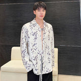 Male Shirts Ink Painting Lace-up Jacquard New Chinese Style Lapel Contrast Color Men's Long Sleeve Shirt Spring