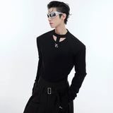 Round Collar Male T-shirt Personalized Hollow Out Shoulder Design Solid Color Slim Men's Long Sleeve Tops Spring New