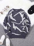 New Popular Spring Autumn Graffiti Jacquard Pattern Pullover Sweater Casual Round Neck Contrast Color Knitted Men's Pullover