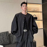 Korean Style Men's Collarless Shirt Loose Lantern Long Sleeve Solid Color Casual Single Breasted Top Spring