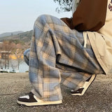 Vintage American Style Tweed Plaid Men's Pants Loose Straight Wide Leg Casual Trousers Trendy Brand Punk Rock Streetwear