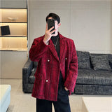 Chic Men's Red Blazer Jacket Shiny Silk Plaid Stage Prom Dress Clothing Autumn Winter Desinger Casual Tweed Suit Coat