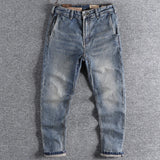 Contrast color pocket autumn American tooling retro light-colored washed youth long pants slim jeans men