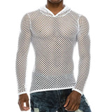 Men T Shirt Streetwear Hoodie Men Long Sleeve Fishnet Mesh Transparent Breathable Tops Sexy Underwear Fetish Nightwear