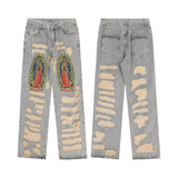 Y2K Hole Distressed Embroidery Baggy Denim Trousers Unisex Straight Hip Hop Loose Jeans Ripped Casual Men's Cargo Panrs Oversize