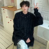 Bead Design Men Pullover Sweaters Korean Stylish Round Collar Solid Color Plush Male Pullovers Chic Spring New