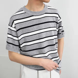 Striped T-shirts Men Chic New High Street All-match Casual O-neck Korean Style Fashion Business Casual Half Sleeve Youthful Cozy