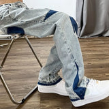 Loose Men's Jeans Vintage Star Straight Man Cowboy Pants with Print Retro Hip Hop Grunge Y2k Baggy Washed Trousers Ripped Punk L