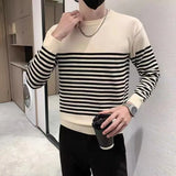 Autumn Winter New Fashion Round Long Sleeve Patchwork Striped Pullovers Men's Clothing Casual Sweaters Loose Korean Trend Tops