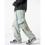 Stylish Hip Hop Baggy Jeans Men Big Pocket Ribbons Wide Leg Oversized Long Cargo Pants Drawstring Casual Mens Clothing Black