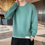 Man Clothes Pullovers Round Collar Knitted Sweaters for Men Solid Color Plain Green Crewneck Cotton Thick Winter Elegant Baggy S