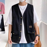 Summer Retro Loose and Thin Japanese Multi Pocket Workwear Sleeveless Vest Men