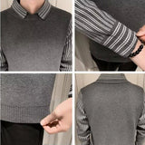 Fake 2 Pieces Shirt Collar Men's Knitted Sweater/Male Slim Fit Striped Casual Pullover/Man Long Sleeve Sweaters 3XL-M