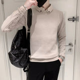 Autumn Winter Fake Two Pieces Fashion Harajuku Sweaters Men Loose Casual Knitting Tops All Match Pullover Chic Business Jumpers