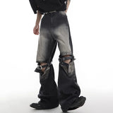 Vintage Men Spliced Micro Flared Jeans American Style High Street Wide Leg Straight Denim Pants Summer New Clothing