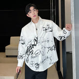 Loose Men's Shirt Turn-down Collar Long Sleeve Personalized Graffiti Printing Design Male Tops Korean New Male Tops