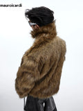 Winter Short Thick Warm Brown Hairy Soft Faux Fur Coat Men with Turn-down Collar Long Sleeve Fluffy Jackets