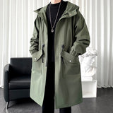 Long Trench Coat Jacket Men Cotton Autumn Spring Black Hip Hop Japanese Coats Streetwear Men's Hooded Army Green Casual Jackets