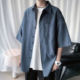 Elegant Fashion Harajuku Slim Fit Ropa Hombre Loose Casual Sport All Match Shirt Solid Square Neck Button Middle Sleeve Blusa