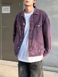 Purple Denim Jacket Men Spring Autumn Japanese Fashion Vintage Lapel Loose Casual Chic Handsome Long Sleeve Harajuku Simple Cozy