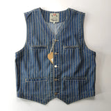 American casual retro denim blue vest washed 100% cotton vertical striped distressed buckle back gentleman camisole vintage