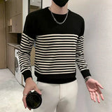 Autumn Winter New Fashion Round Long Sleeve Patchwork Striped Pullovers Men's Clothing Casual Sweaters Loose Korean Trend Tops