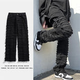 Spring New White Striped Tassel Straight Jeans Men Y2k Street Ripped Hip-hop Loose Casual Denim Trousers