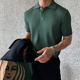 Summer Men's Retro Knitting Lapel Stripe POLO Shirt Solid Color Thin Cozy Short Sleeve T-Shirt New