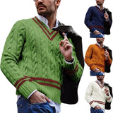 Europe and The United States V-neck Sweater Men's Striped Color Blocking Knitted Sweater Autumn and Winter Fashion Mens Clothes