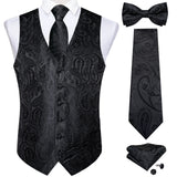 Men Black Paisley Vest Necktie Bowtie Pocket Square Cufflinks Dress Set Classic 5 PCS Business Waistcoat for Man