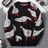 New Popular Autumn Winter Cute Duck Jacquard Pattern Pullover Sweater Casual Round Neck Contrast Color Knitted Men's Pullover