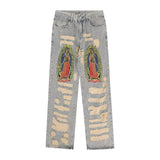 Y2K Hole Distressed Embroidery Baggy Denim Trousers Unisex Straight Hip Hop Loose Jeans Ripped Casual Men's Cargo Panrs Oversize