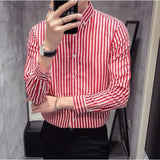 Trend Men's Clothing Summer Thin Long Sleeve Polo-Neck Single-breasted Striped Printed Business Casual Simplicity Commute Shirts