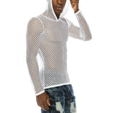 Men T Shirt Streetwear Hoodie Men Long Sleeve Fishnet Mesh Transparent Breathable Tops Sexy Underwear Fetish Nightwear